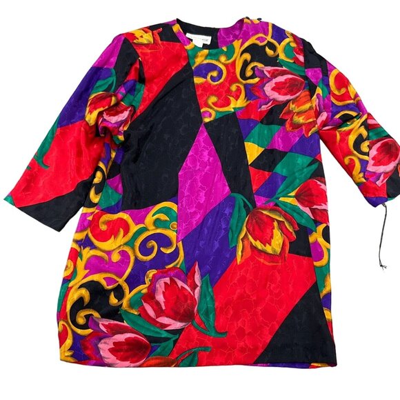 LA Chemise Blouse‎ Women 12 Black Red Yellow Floral Scroll Tunic 80s NWT USA VTG - Picture 1 of 13